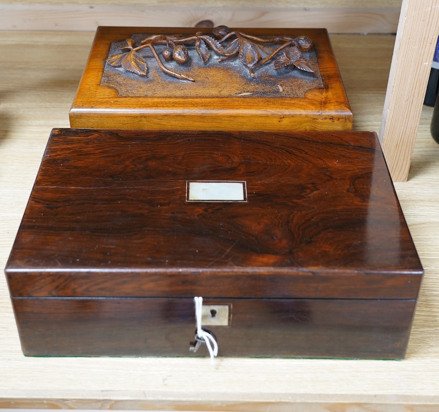 A Victorian carved walnut 'strawberry' box and a rosewood writing slope, largest 40cm wide. Condition - fair